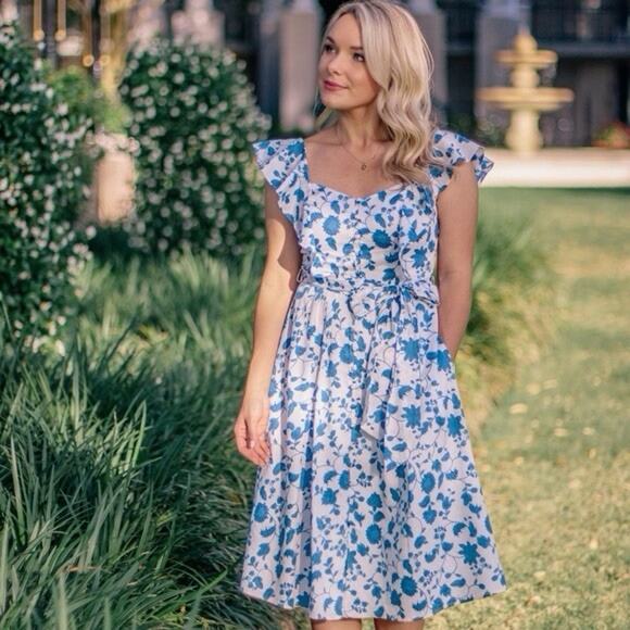 Gal Meets Glam Dresses & Skirts - Gal Meets Glam Olivia Blue Floral Ruffle Sleeve Midi Dress NO BELT Womens 16